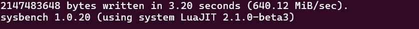 Fio sequential write benchmark showing 640 MiB per second