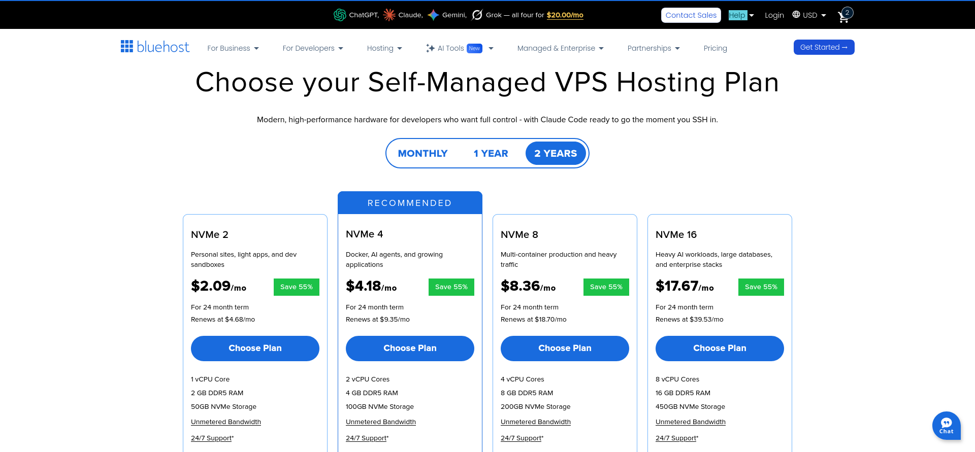 screenshot of Bluehost VPS Hosting plans