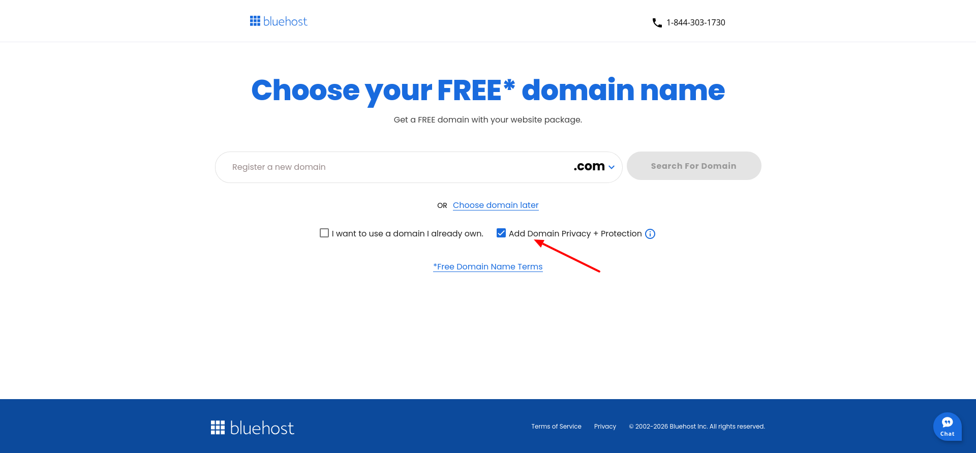 screenshot of Bluehost Domain Privacy + Protection service