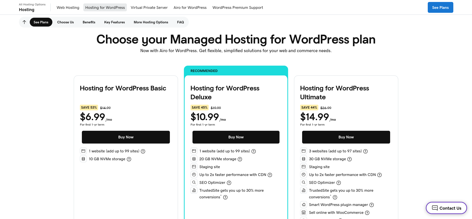 GoDaddy WordPress hosting plan comparison