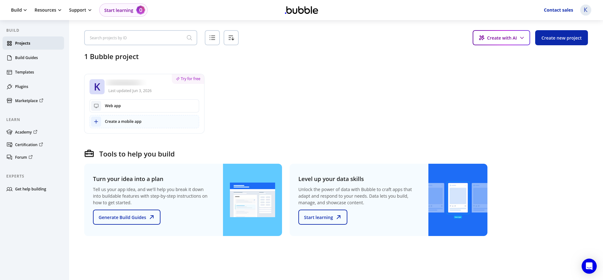 screenshot of Bubble projects