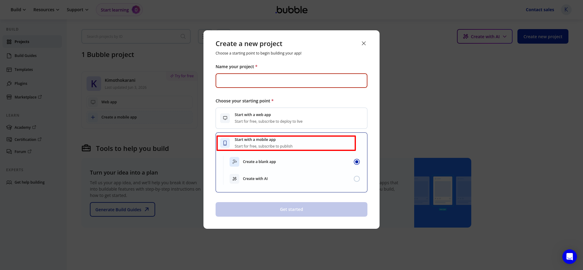 screenshot of Bubble projects