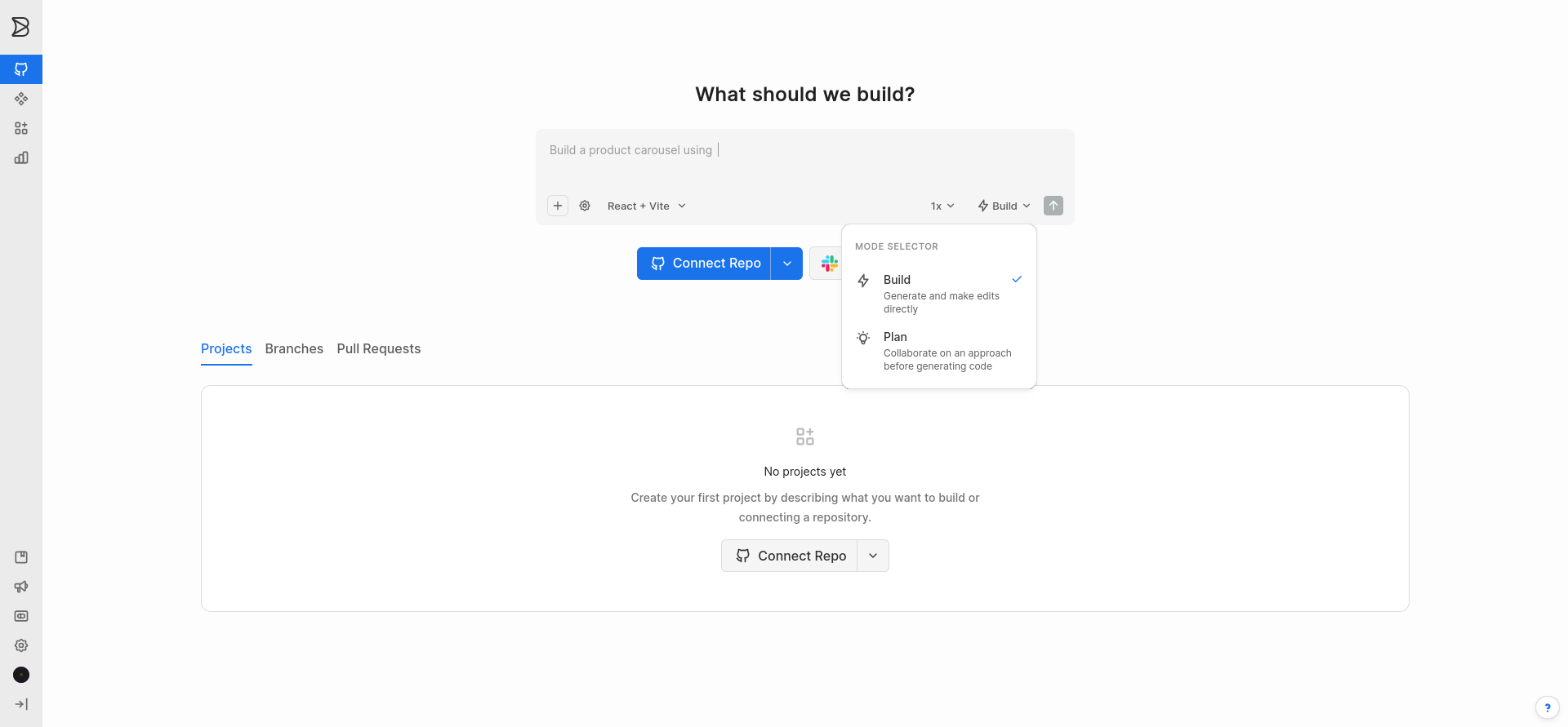 screenshot of builder.io mode selector
