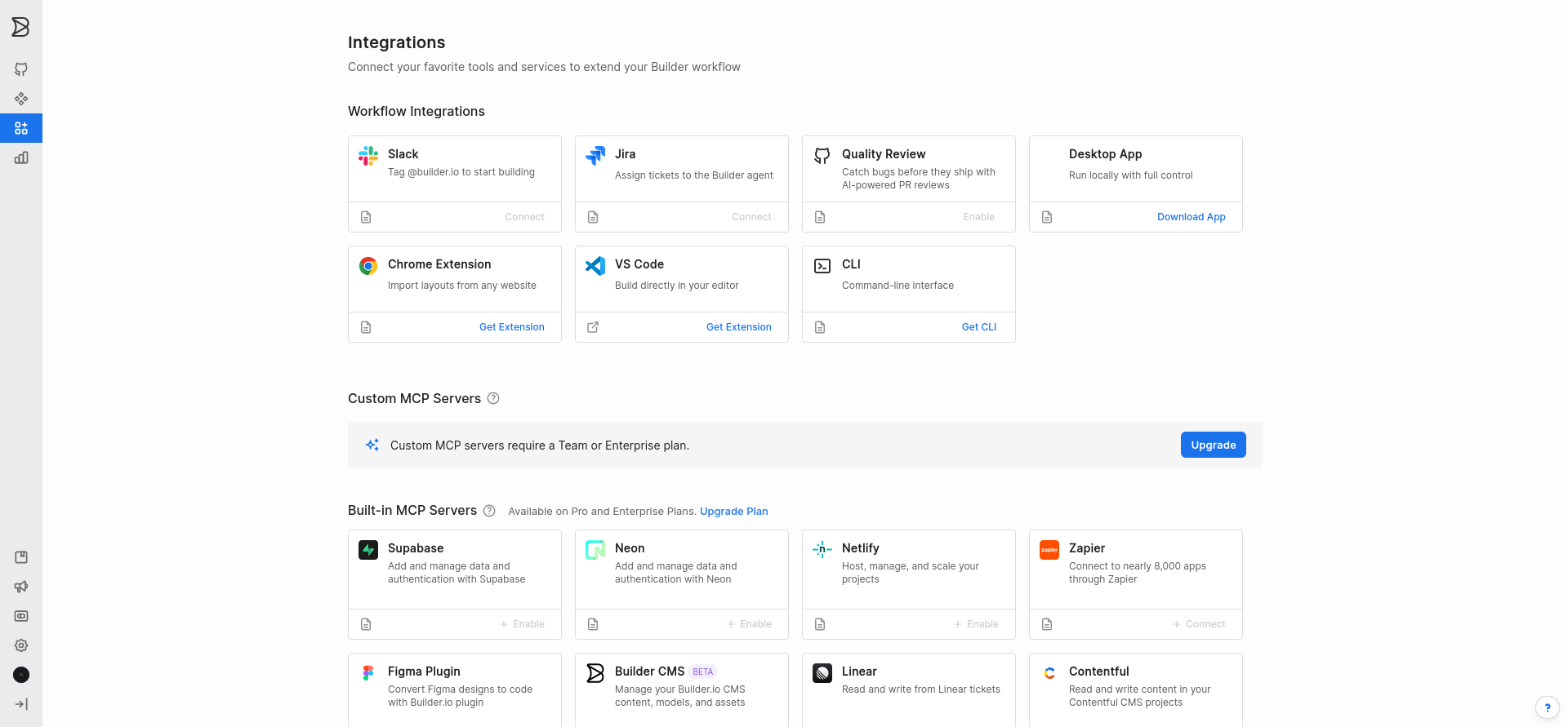 screenshot of Builder.io integrations tab