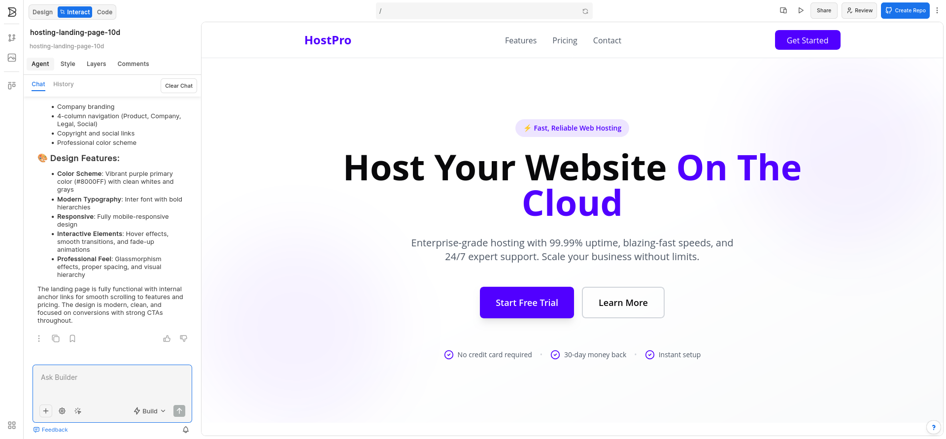 screenshot of Builder.io: HostPro Landing Page Build