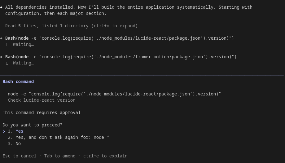 screenshot of message that all dependencies installed. Now I'll build the entire application systematically. Starting with configuration, then each major section.