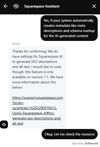 Squarespace customer support conversation during Cloudflare vs Squarespace comparison