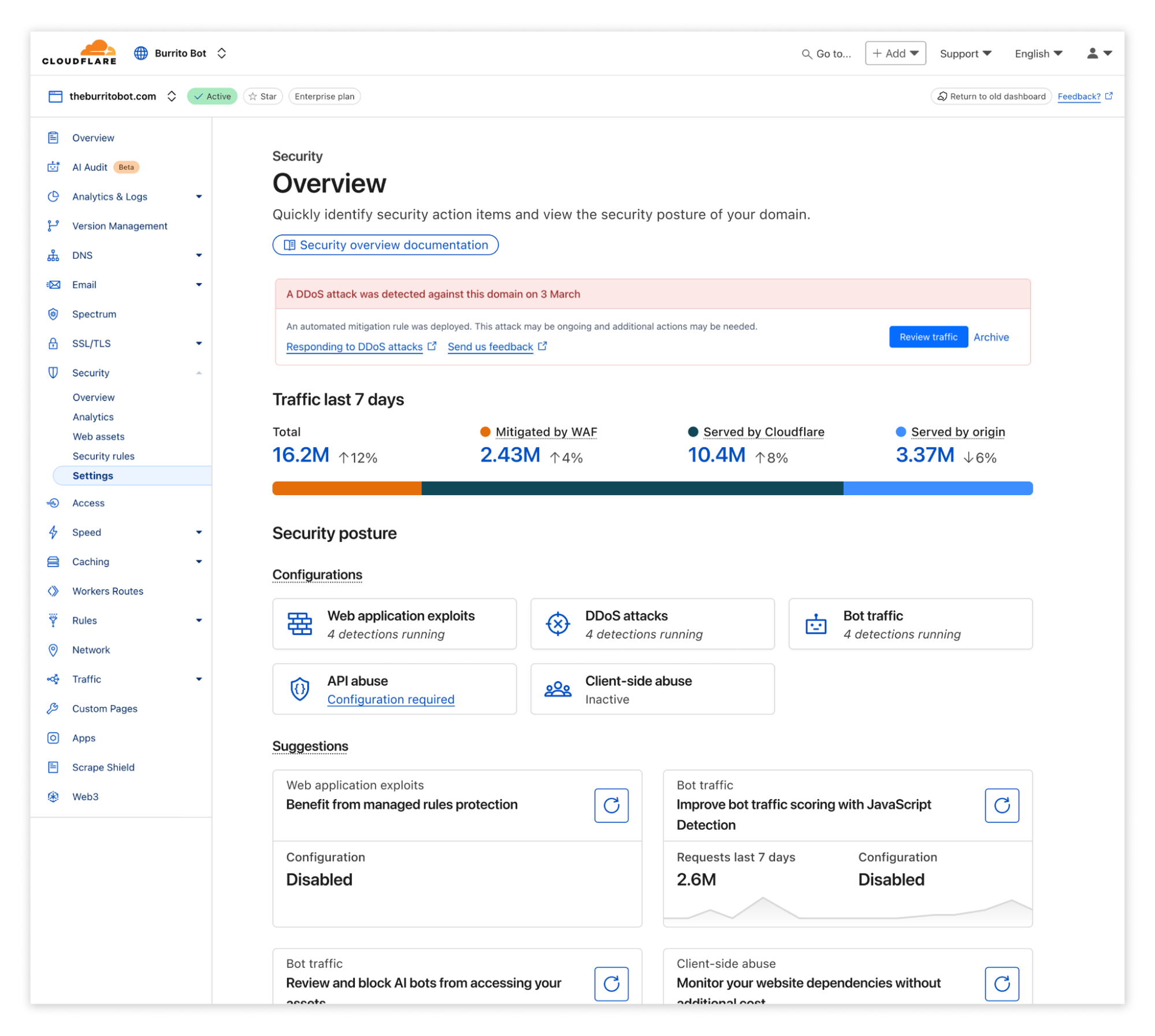 Cloudflare security settings during Cloudflare vs Squarespace comparison