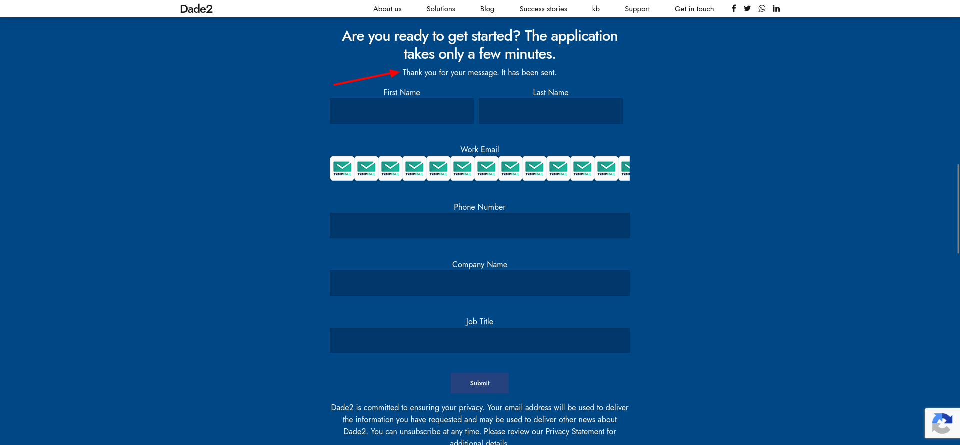 screenshot of dade2.net sign up form