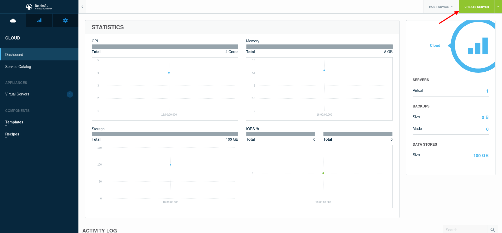 screenshot of dade2.net 'create service' button