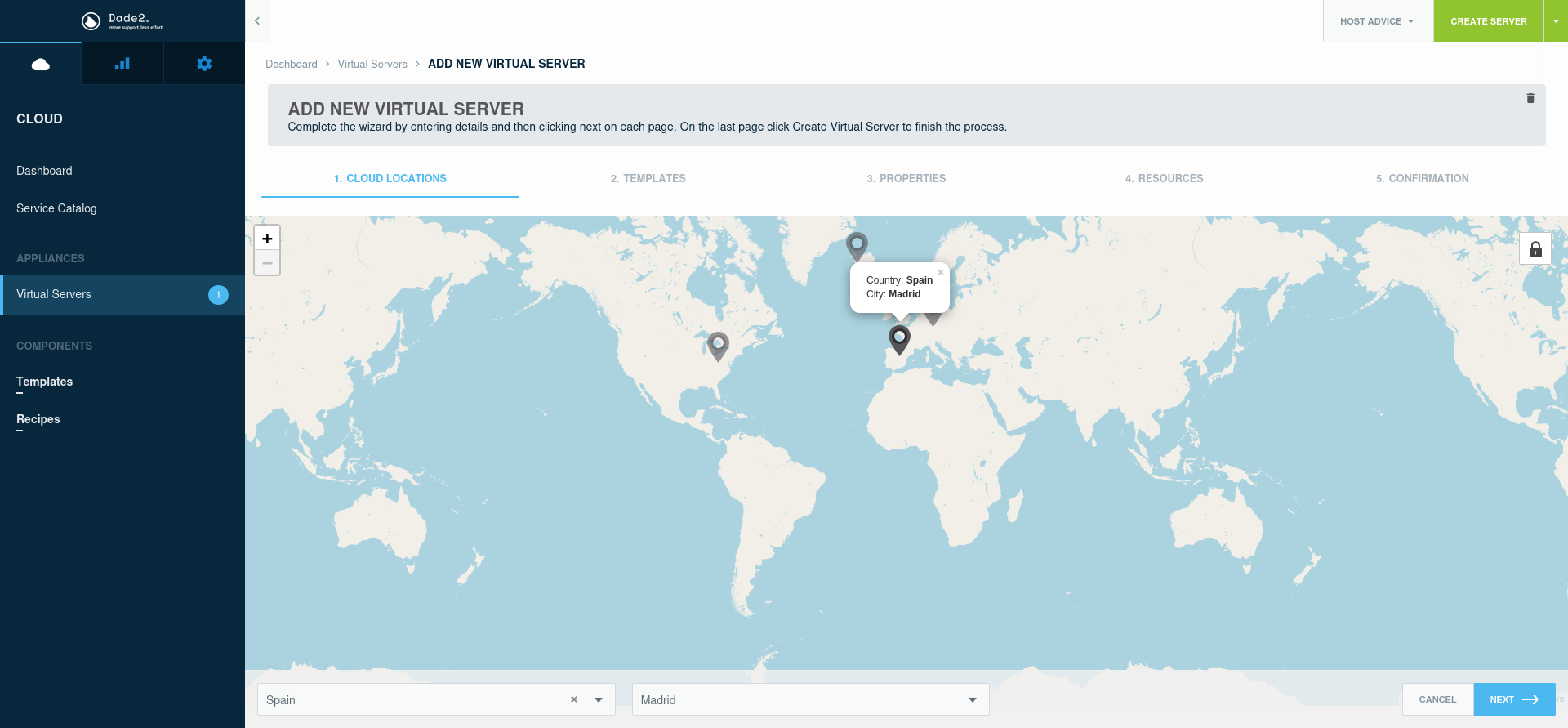 screenshot of dade2.net Virtual Servers map