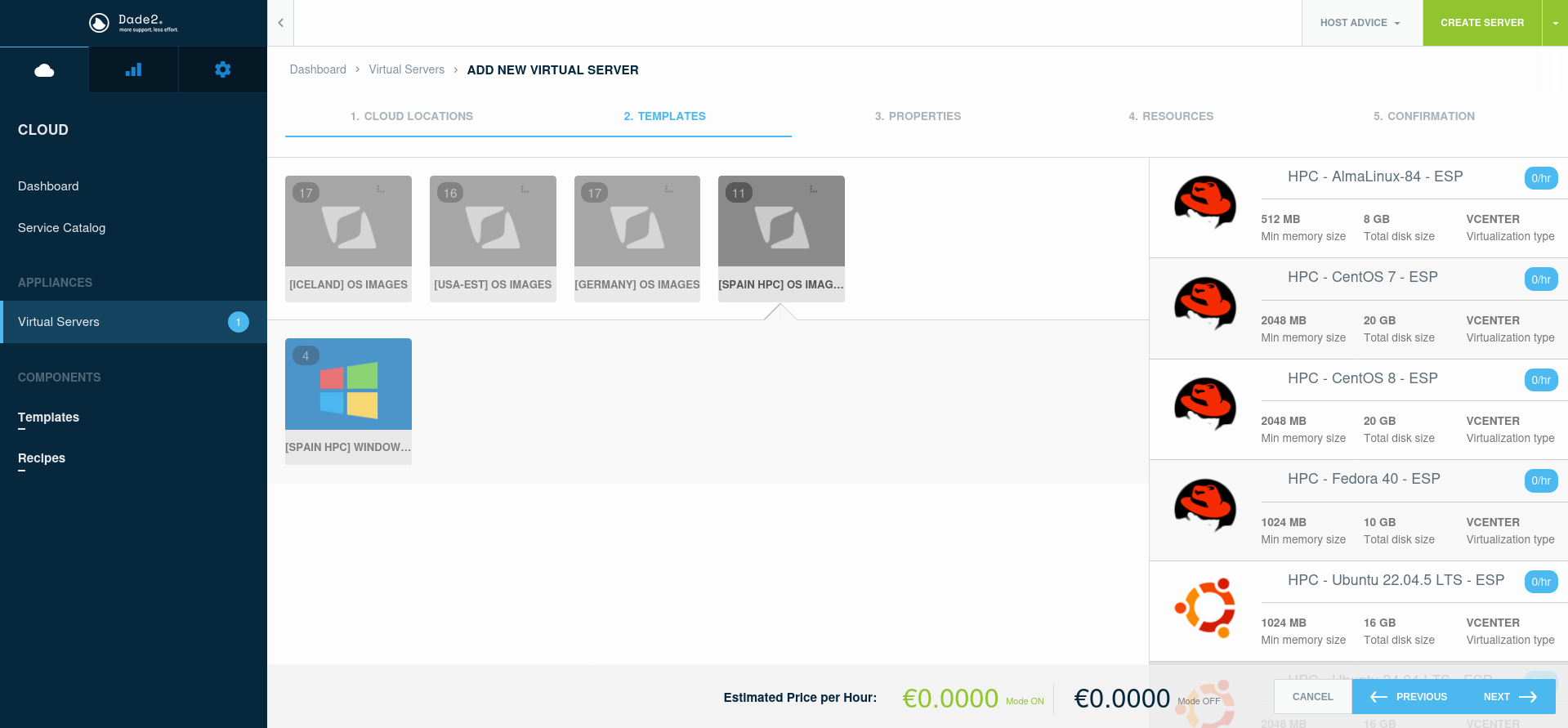 screenshot of dade2.net Virtual Servers templates