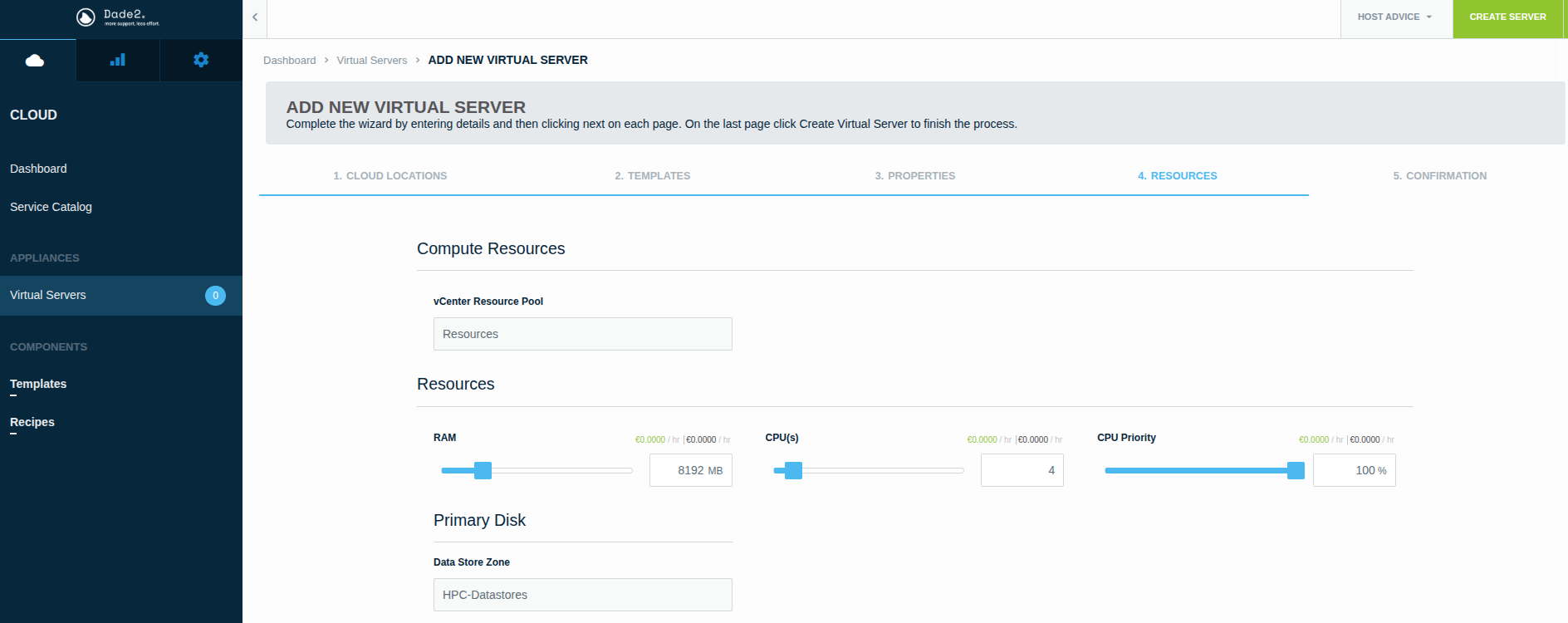 screenshot of dade2.net Virtual Servers resources menu