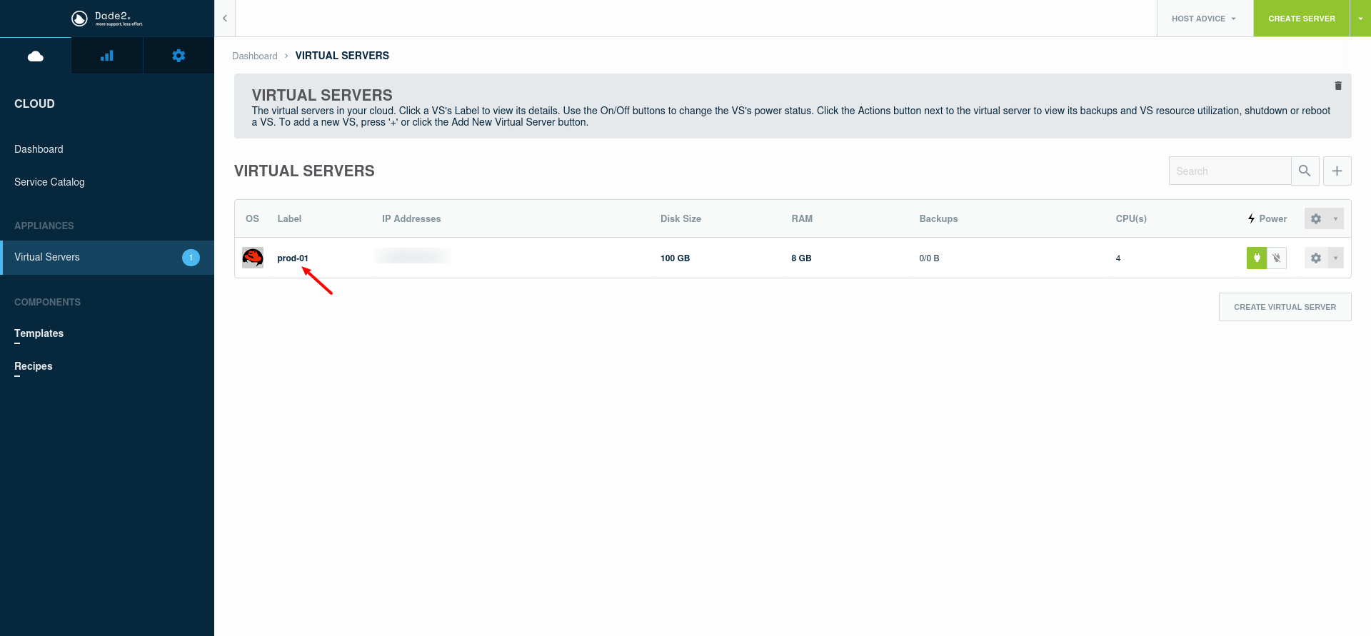 screenshot of dade2.net Virtual Servers list