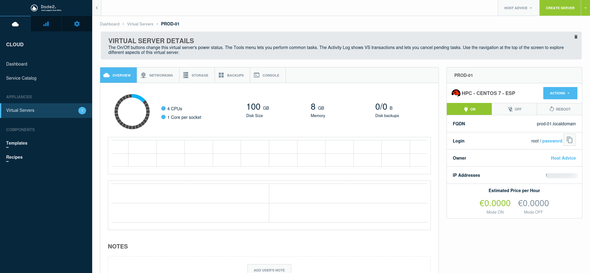 screenshot of dade2.net Virtual Server settings