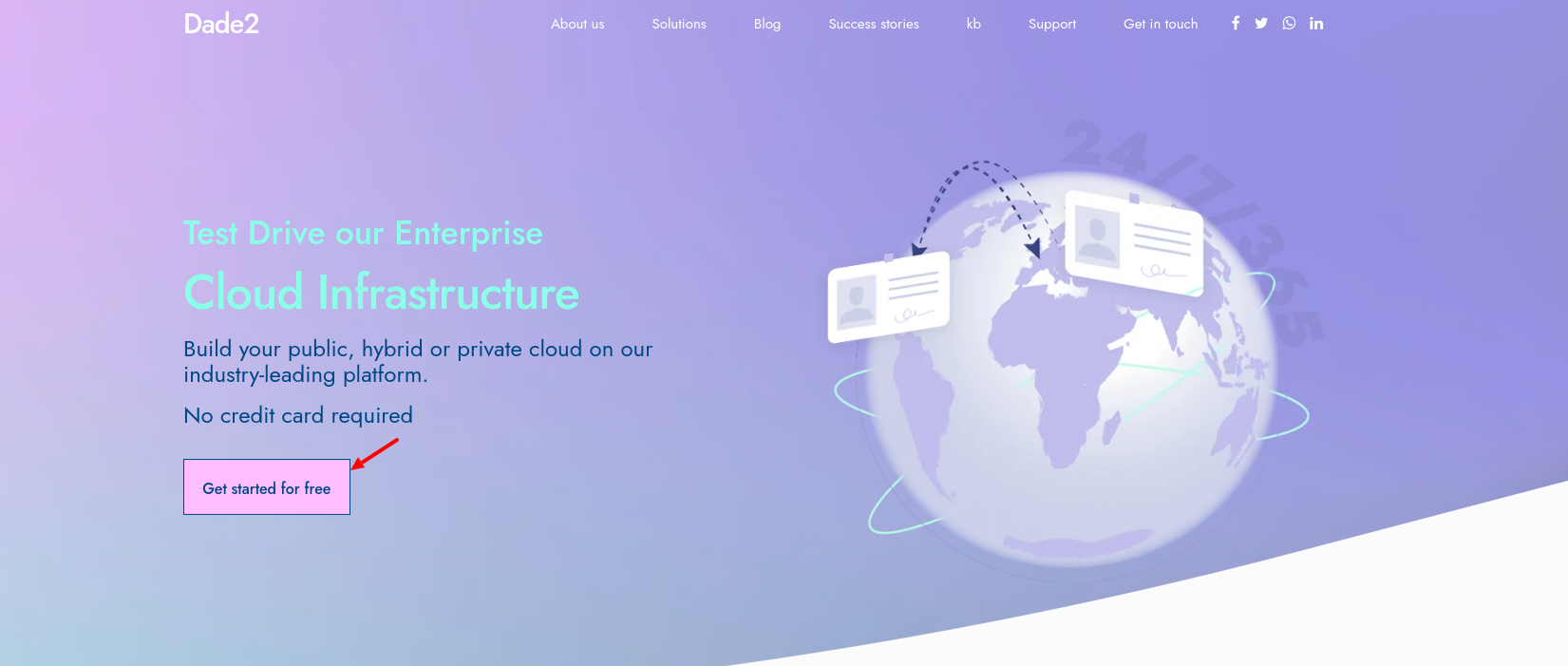 screenshot of dade2.net website 'Get started for free' button