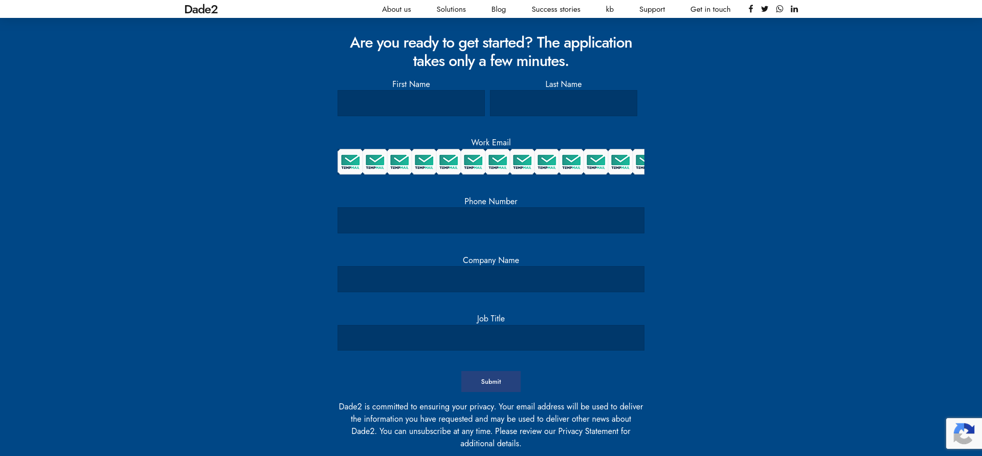 screenshot of dade2.net sign up form