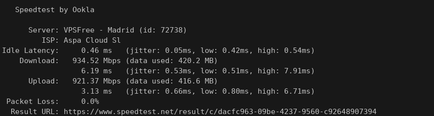 screenshot of Dade2 Network Speed test results