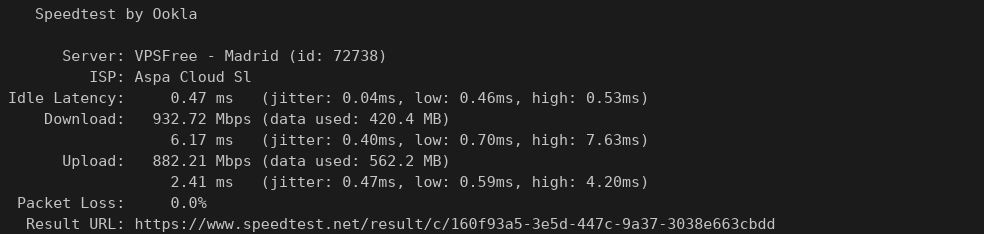screenshot of Dade2 Network Speed test results