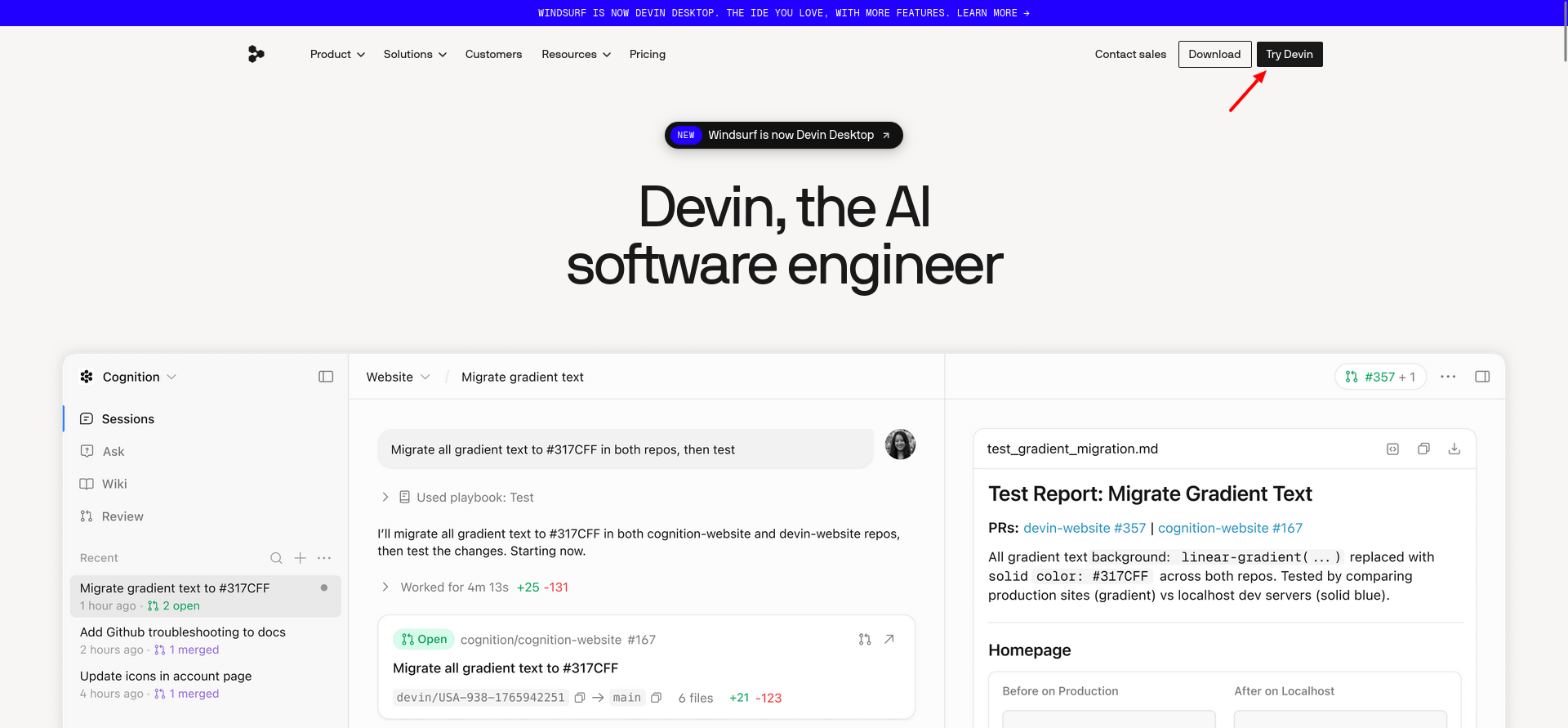 screenshot of 'Try Devin' button