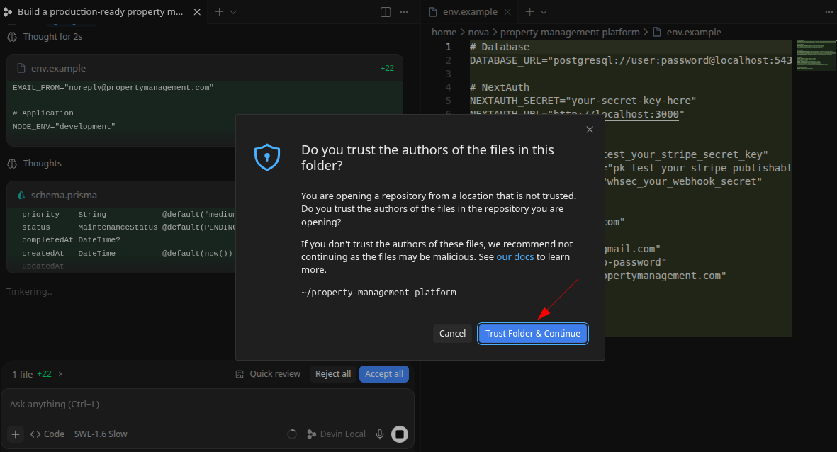 screenshot of 'Trust Folder & Continue' button