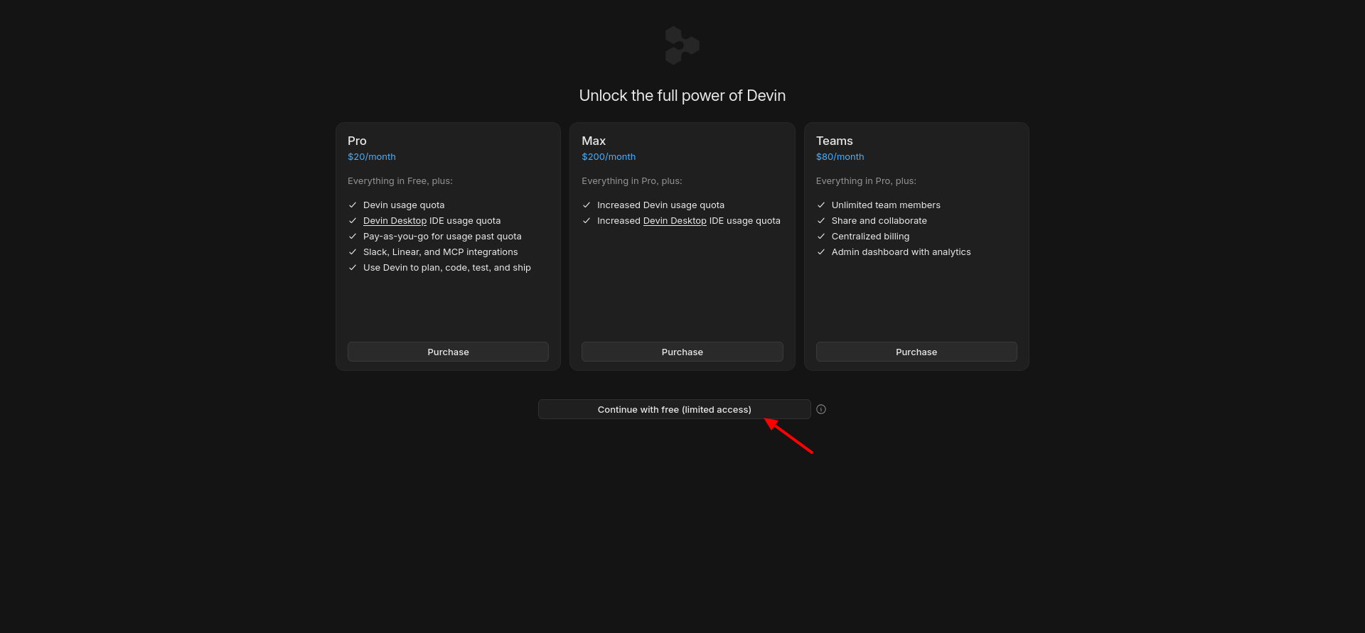 screenshot of Pricing screen