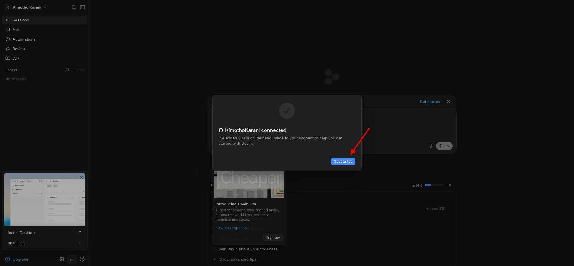 screenshot of 'Get Started' button