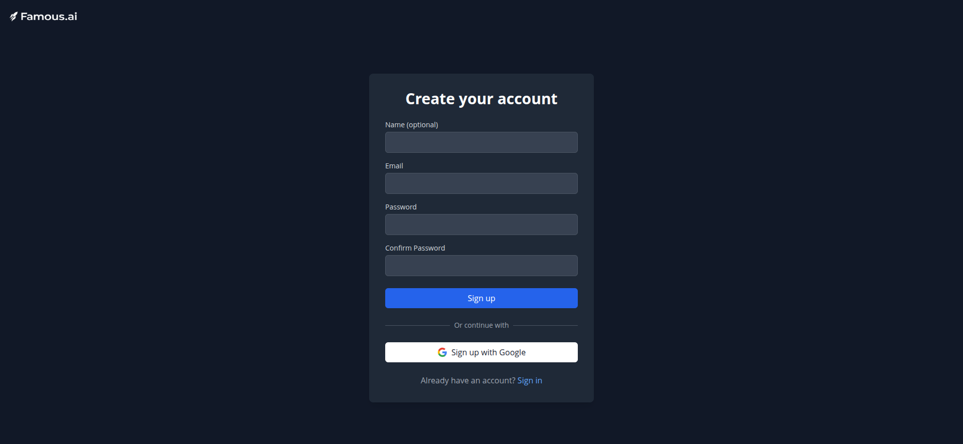 screenshot of Famous.ai sign up window