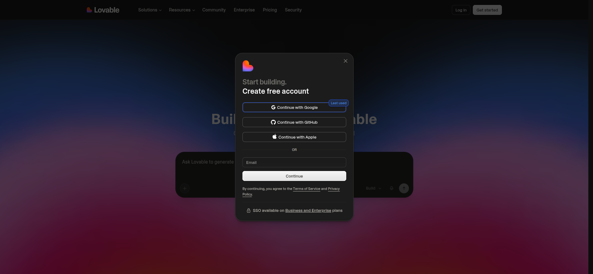 screenshot of Lovable sign up window