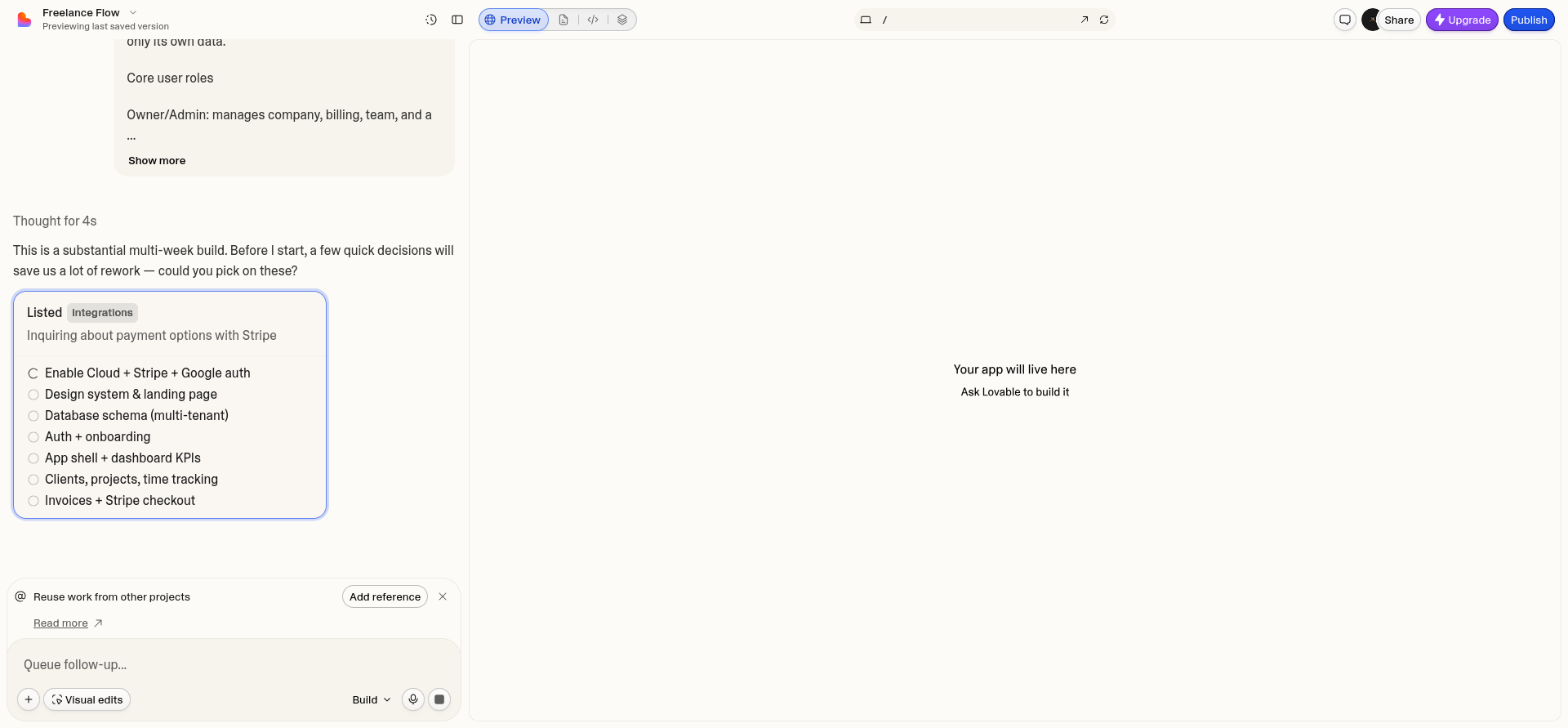screenshot of Lovable first project creating