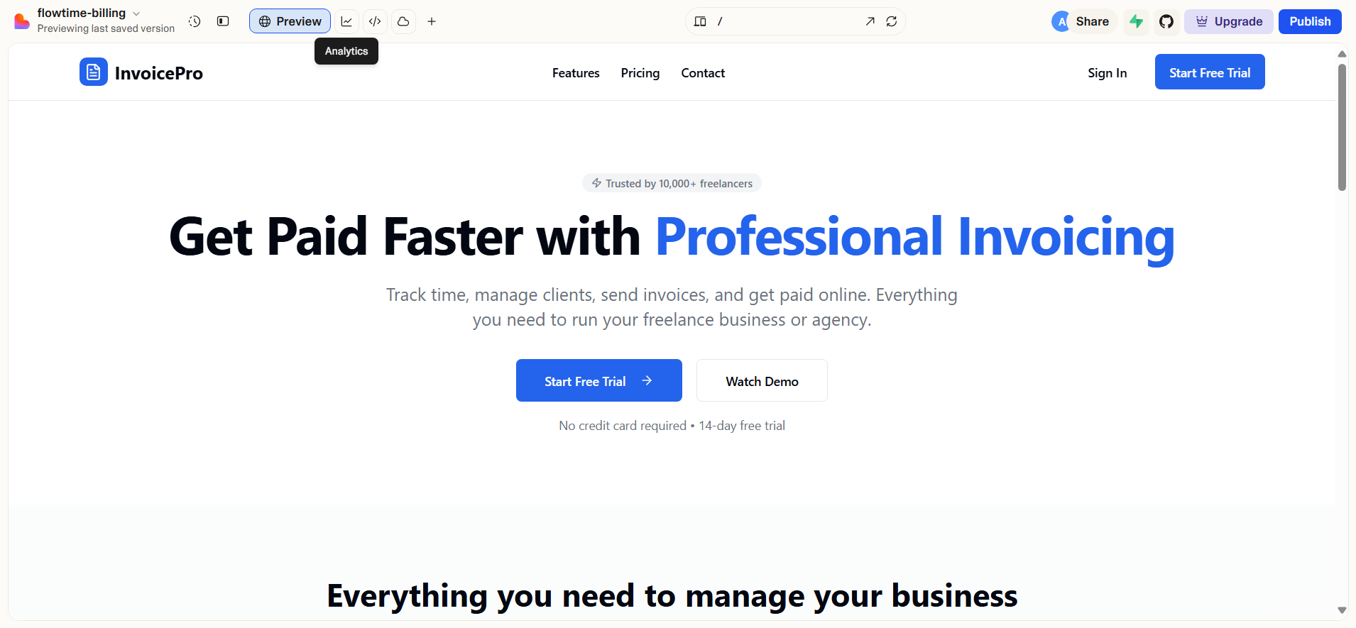 screenshot of Lovable: FreelanceFlow preview