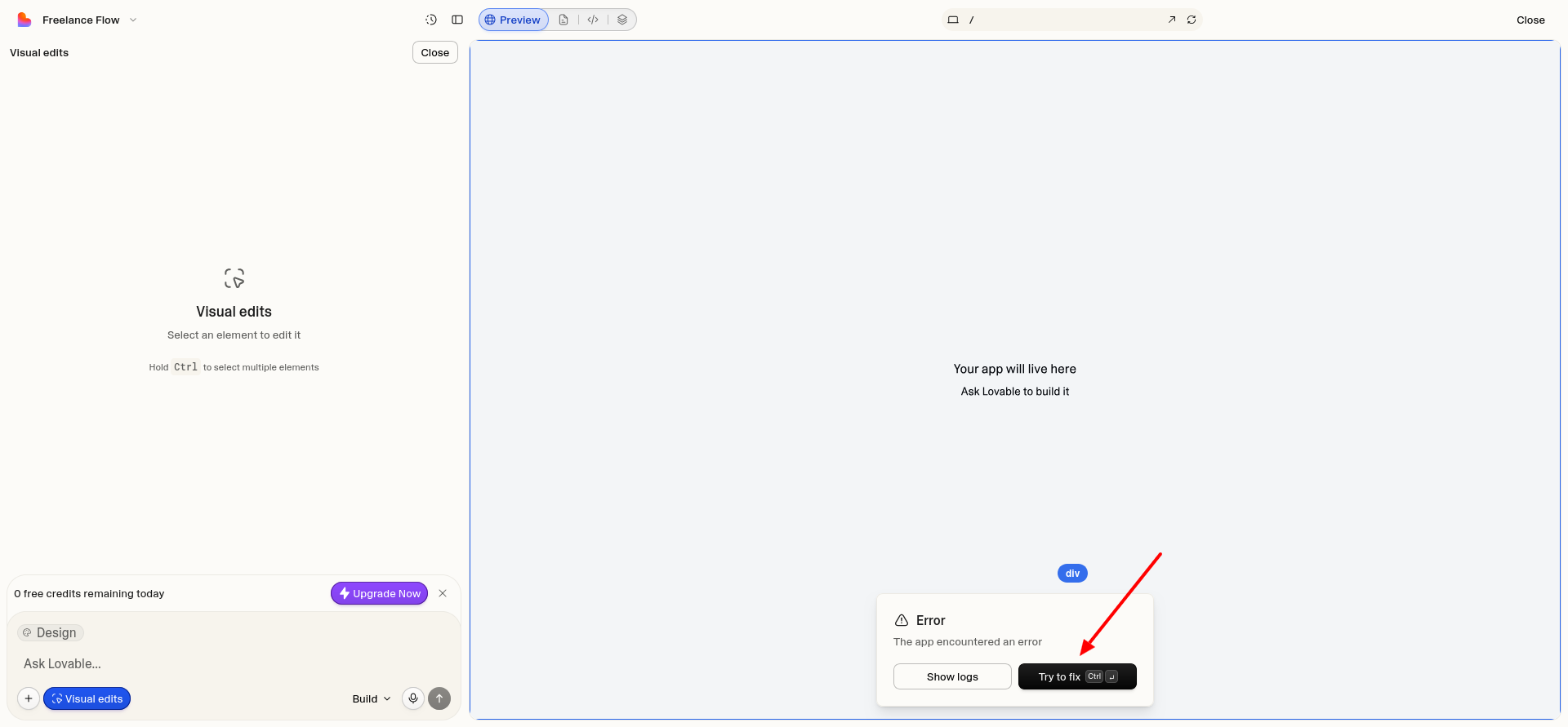 screenshot of Lovable Error message