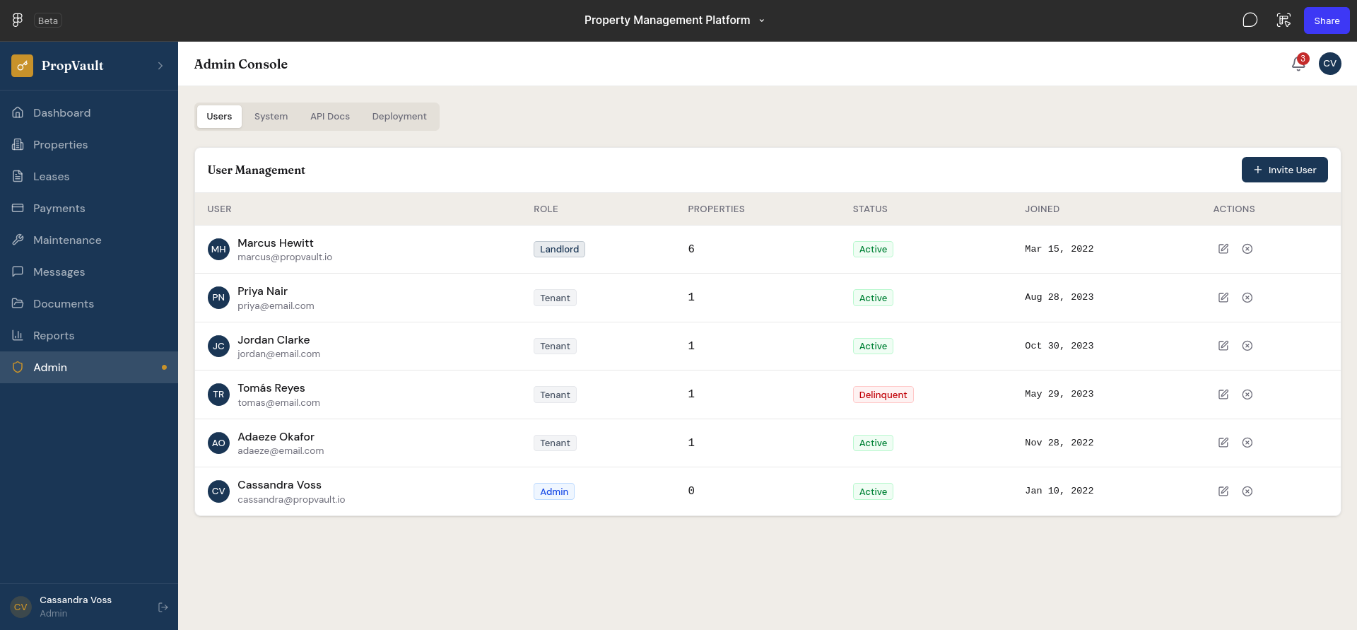 screenshot of the Admin console