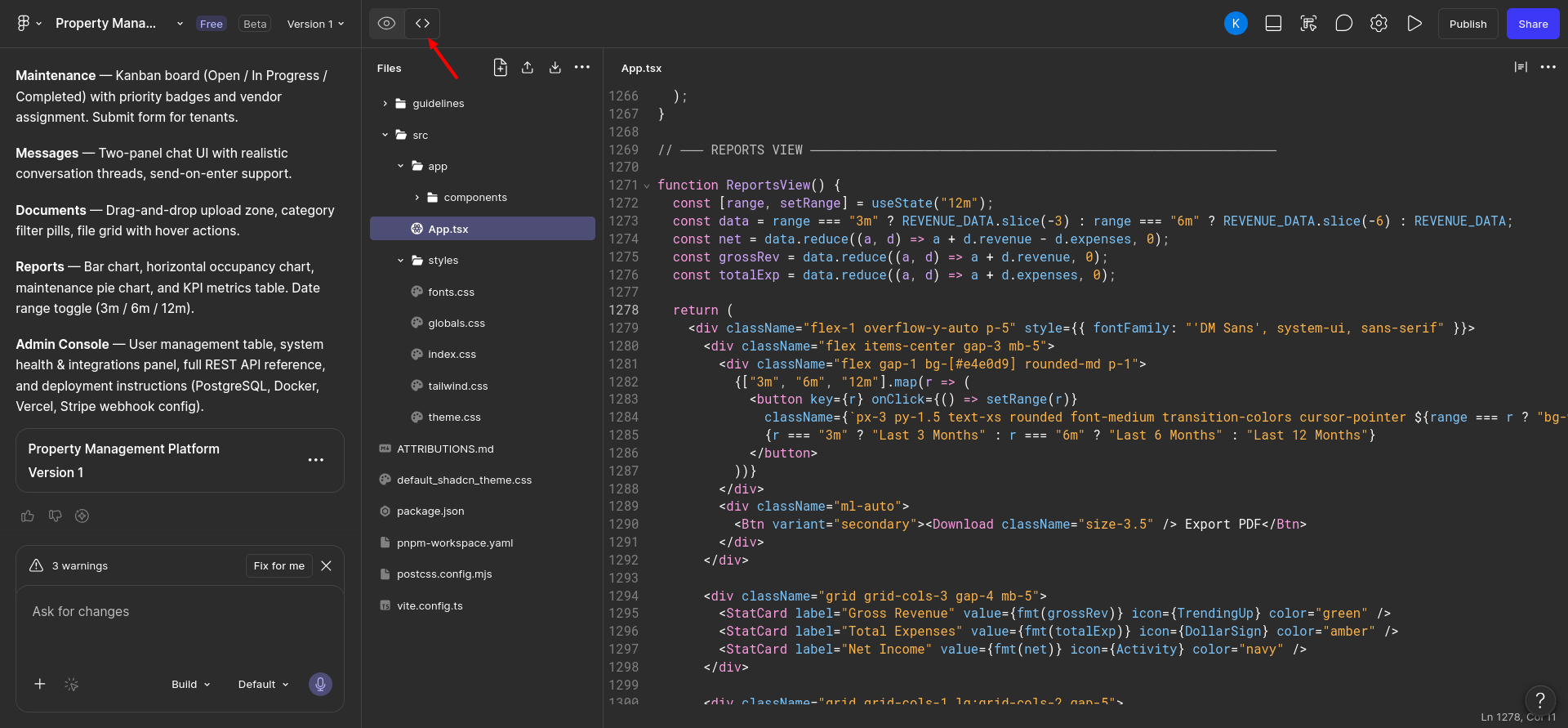 screenshot of the Figma Make Code editor