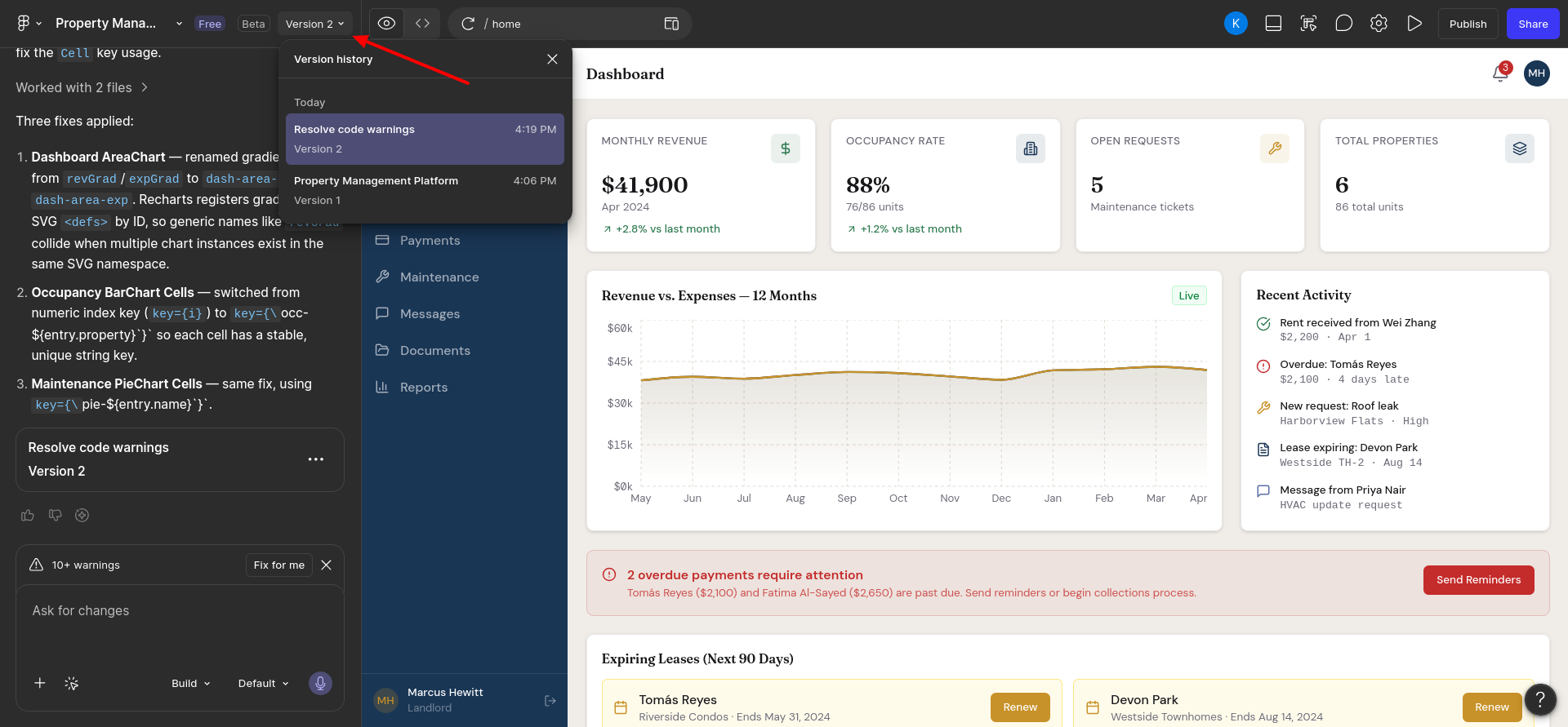 screenshot of Version History