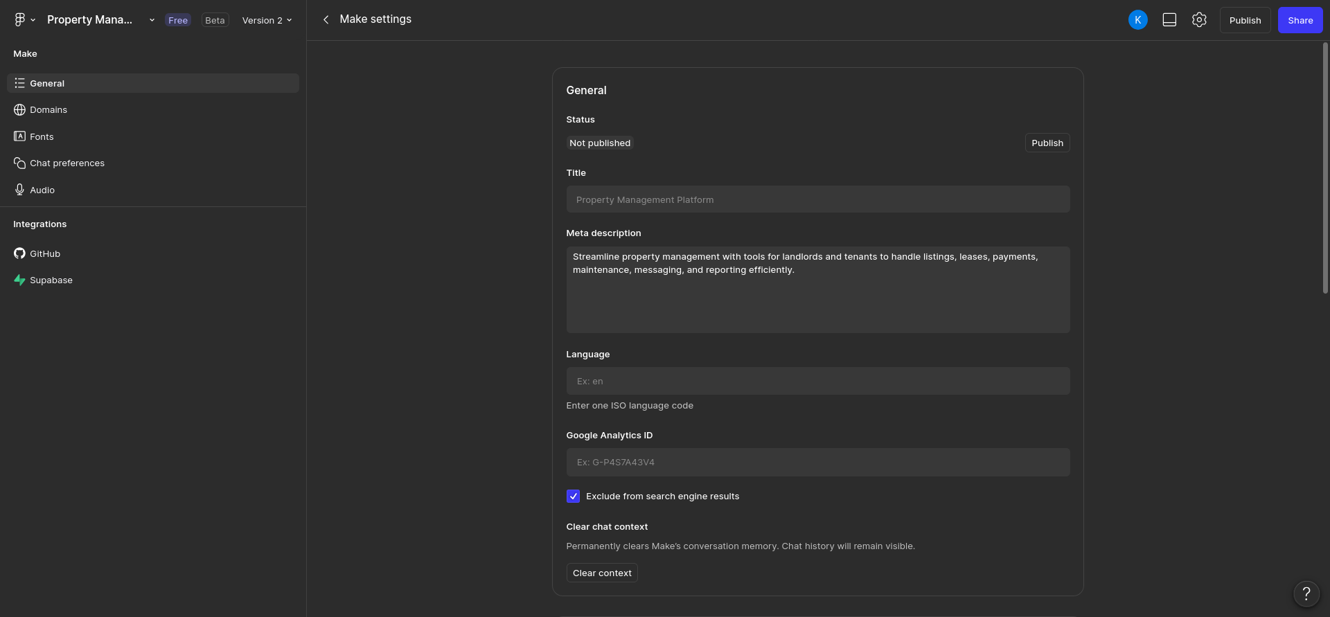 screenshot of Figma Make settings