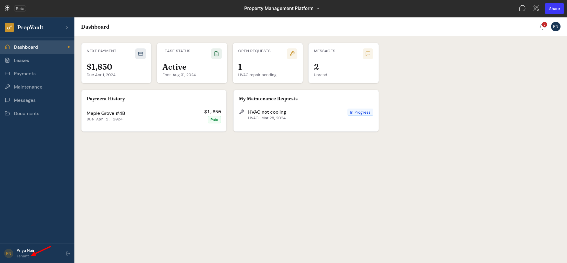 screenshot of PropVault dashboard
