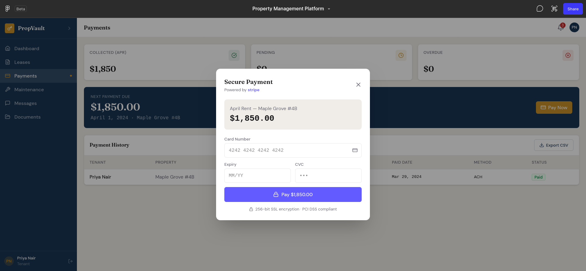 screenshot of Secure payment window