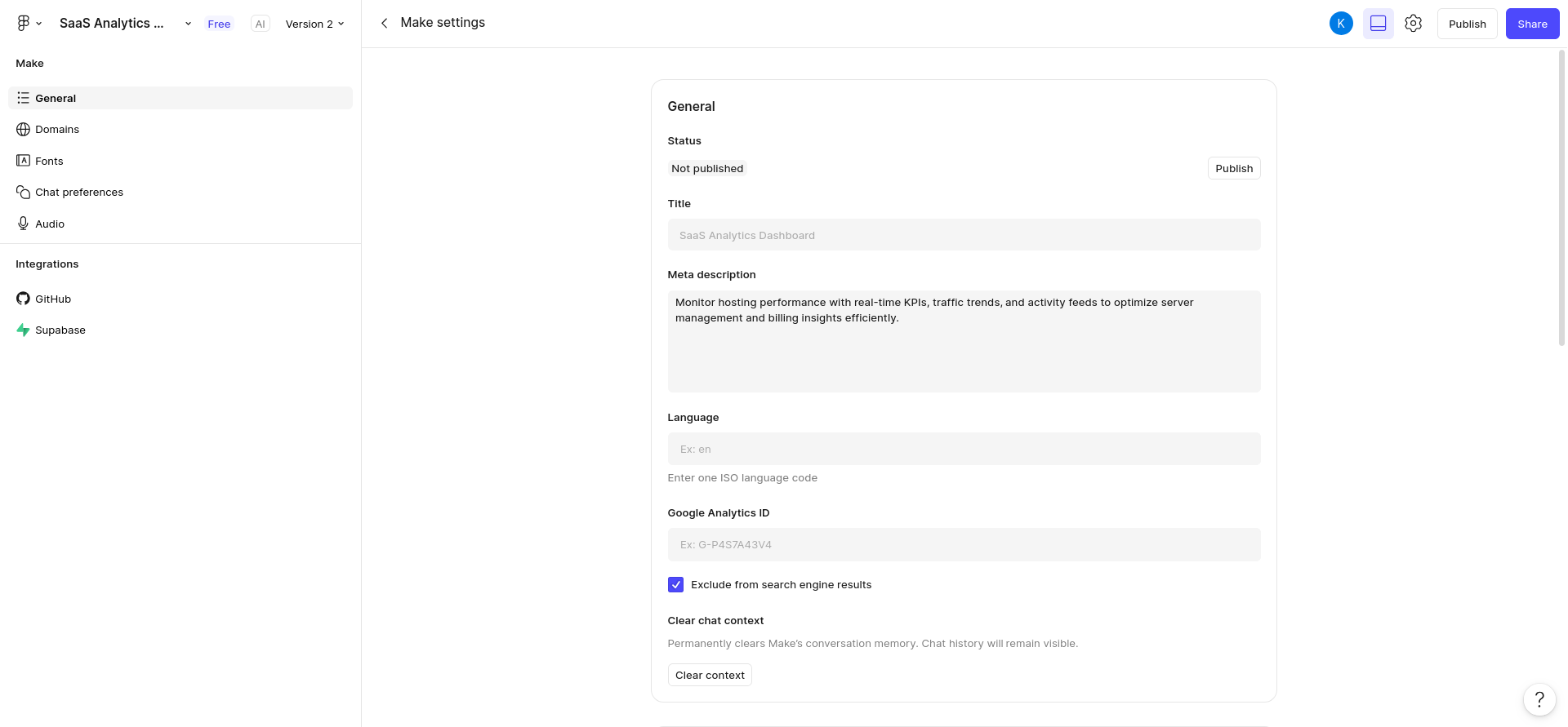 screenshot of Figma Make settings
