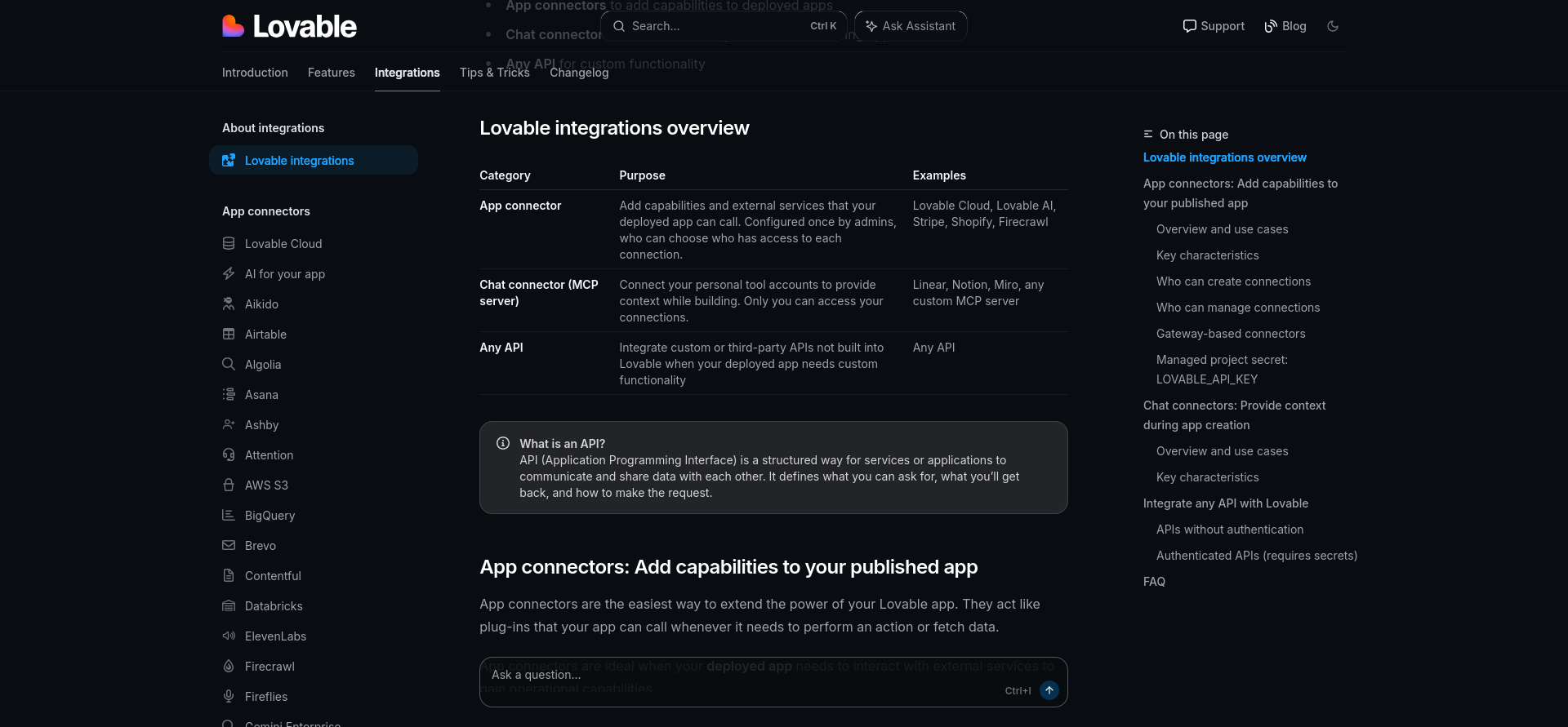 screenshot of Lovable Integrations