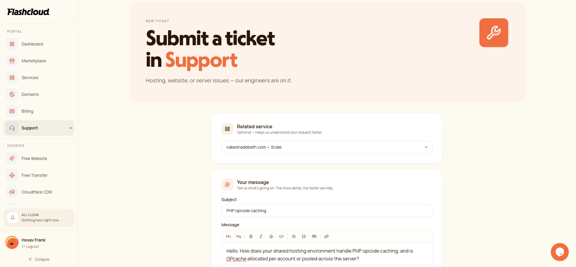 captură de ecran cu formularul Submit Ticket