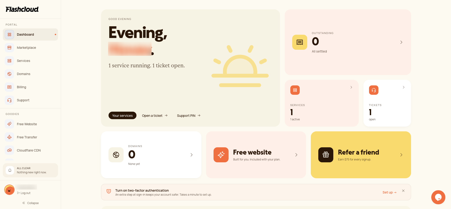 captură de ecran cu dashboard-ul Flashcloud