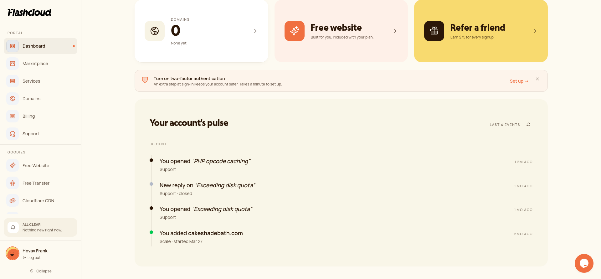 captură de ecran cu dashboard-ul Flashcloud