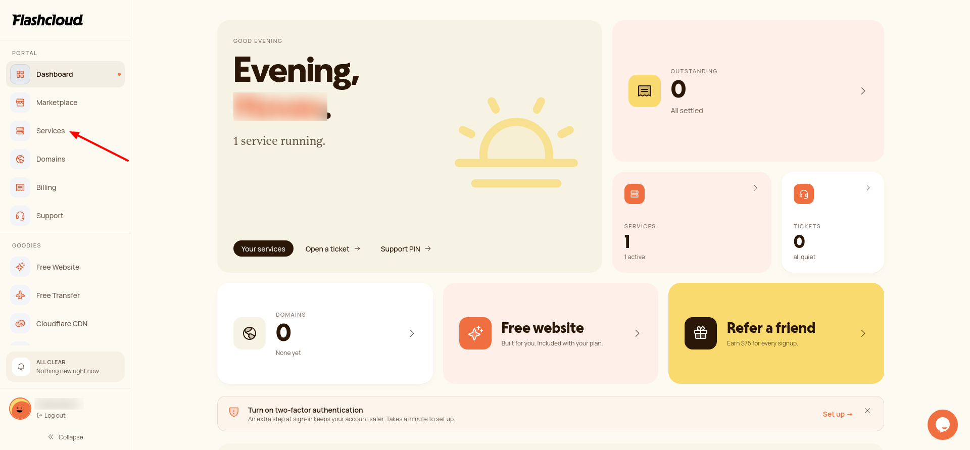 captură de ecran cu fila Services din dashboard-ul Flashcloud