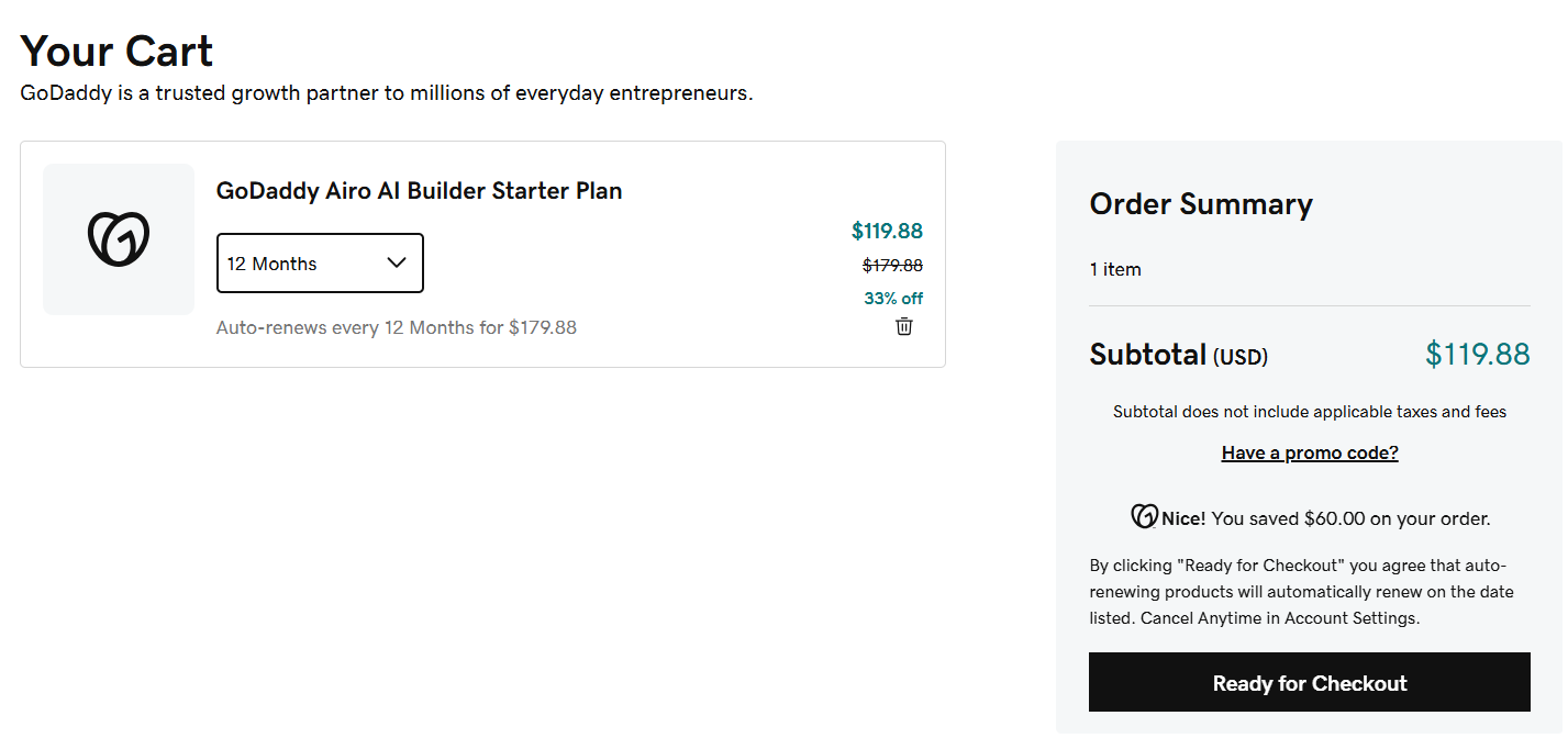 GoDaddy Airo Cart Page Promo Code Field