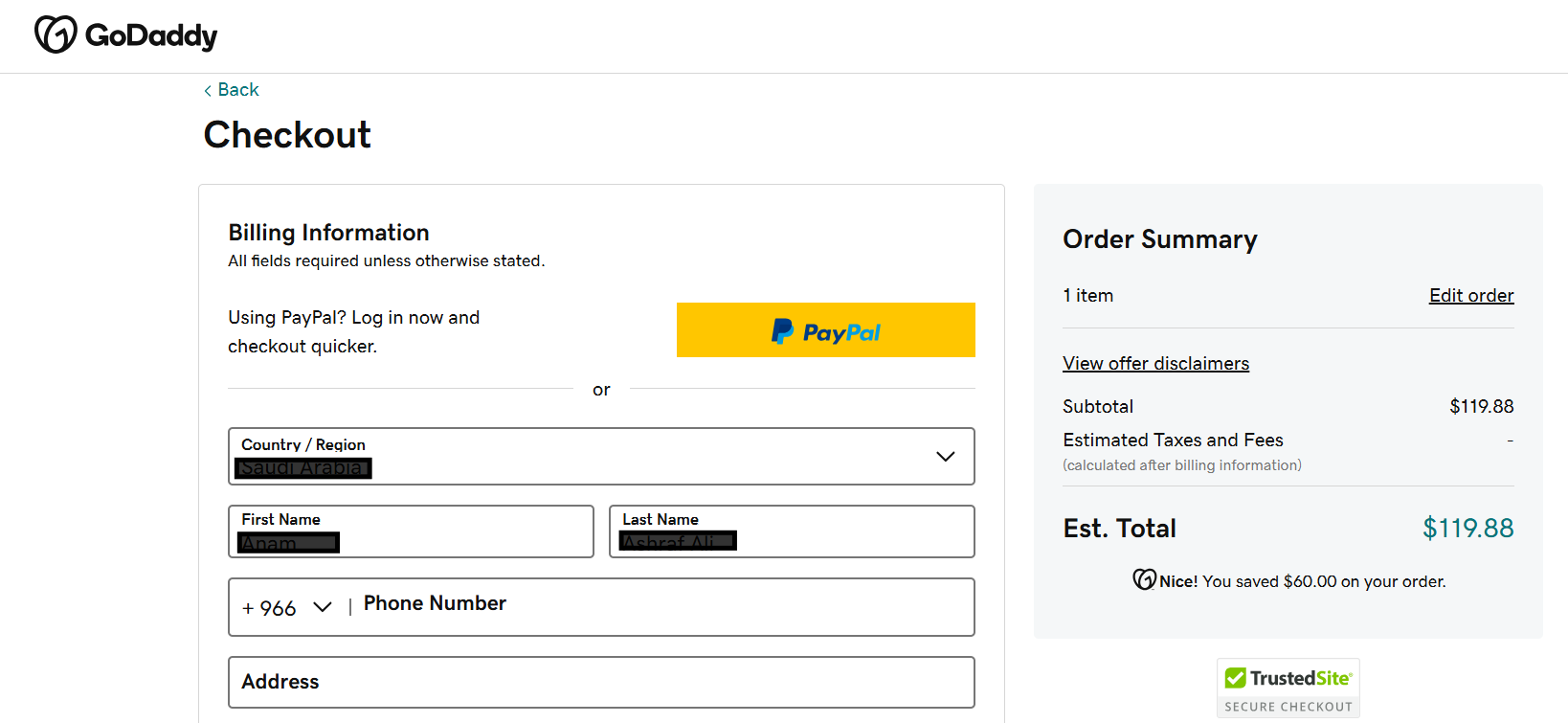 GoDaddy Airo Checkout Billing Details