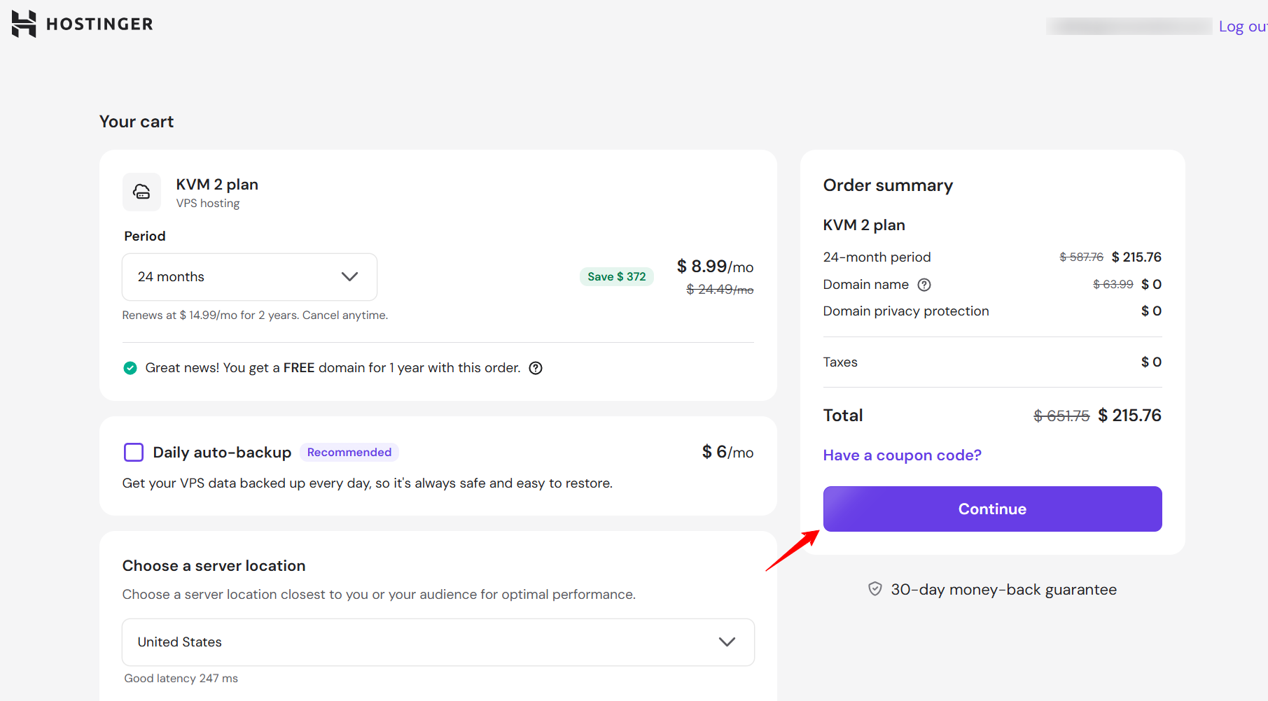 Hostinger VPS signup configuration page
