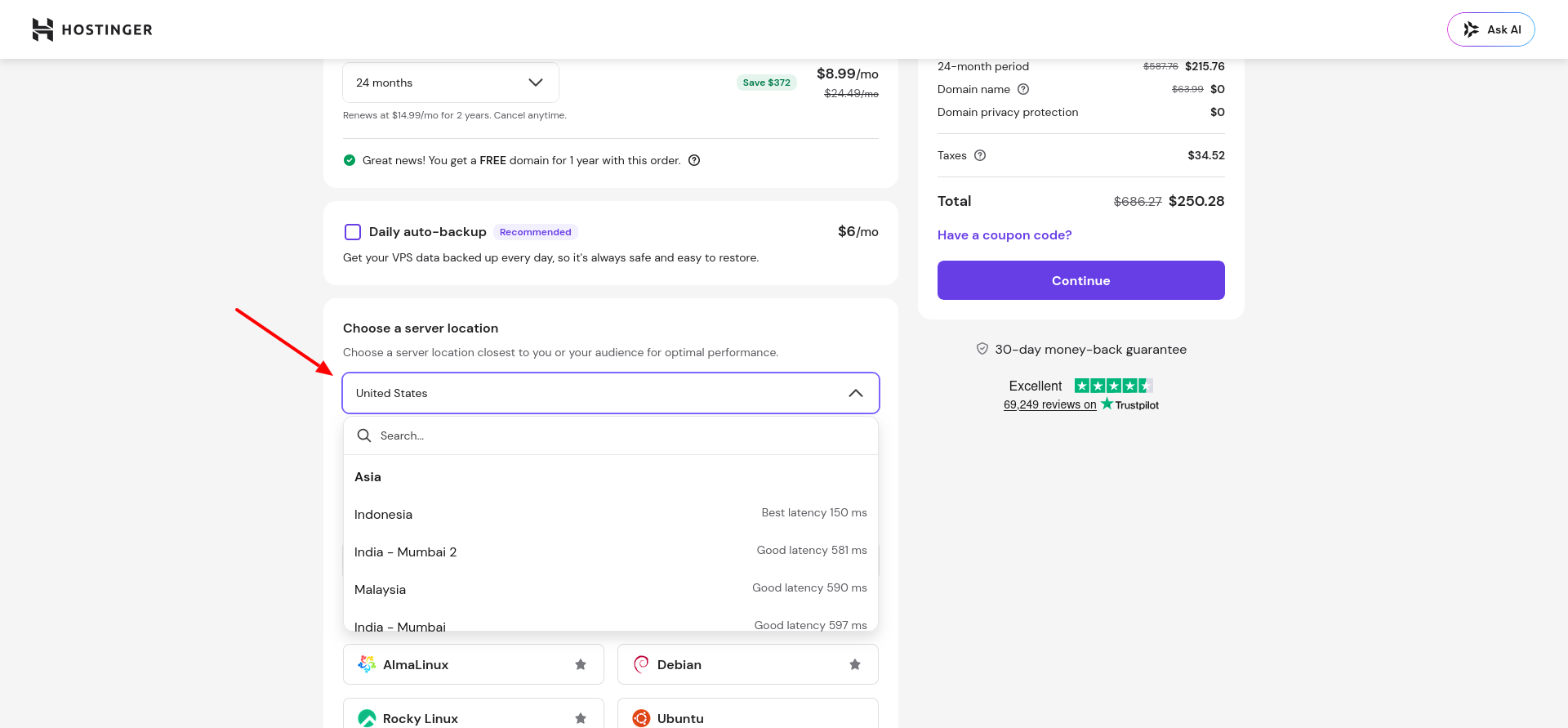 Hostinger server location selector with live latency estimate