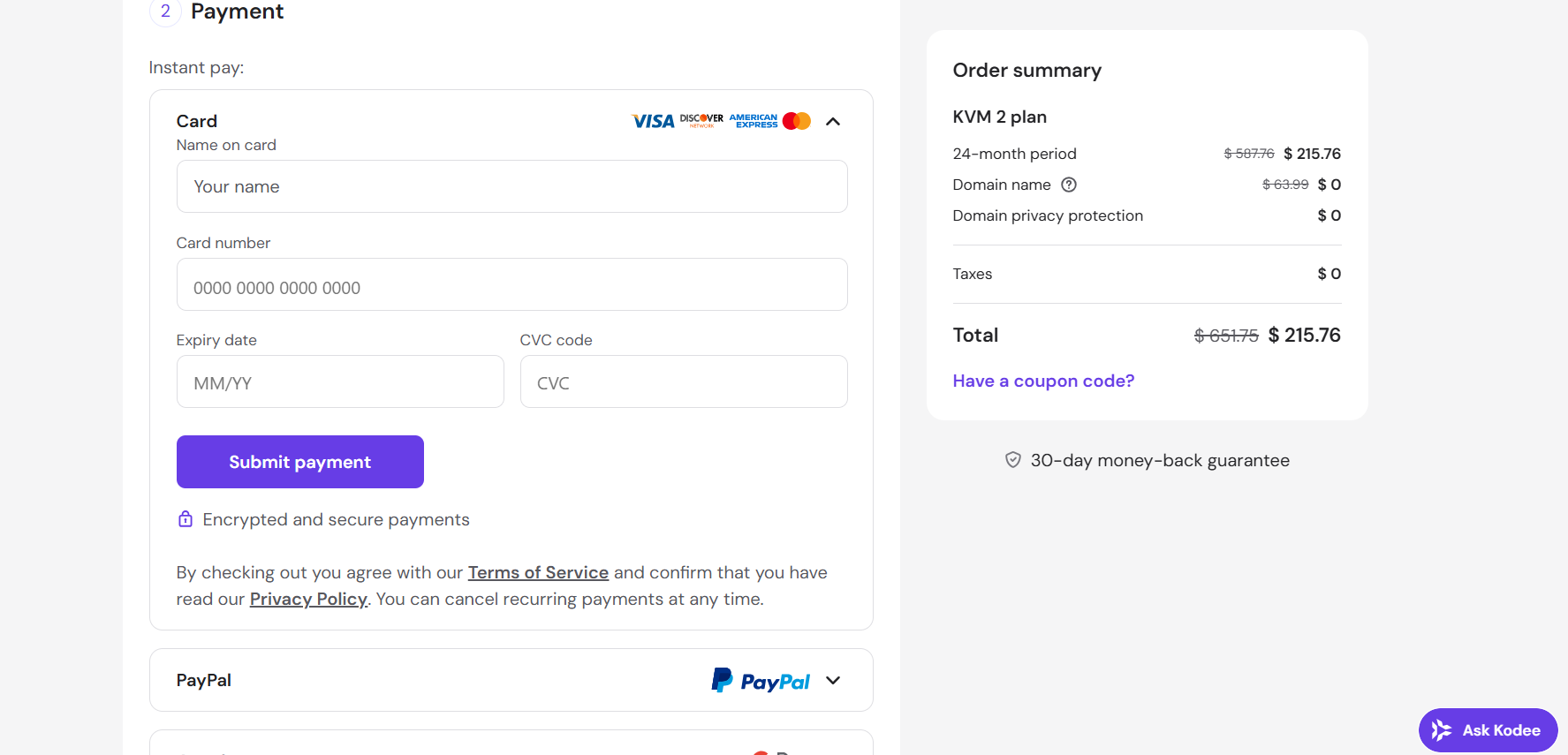 Hostinger checkout page with order summary and payment options
