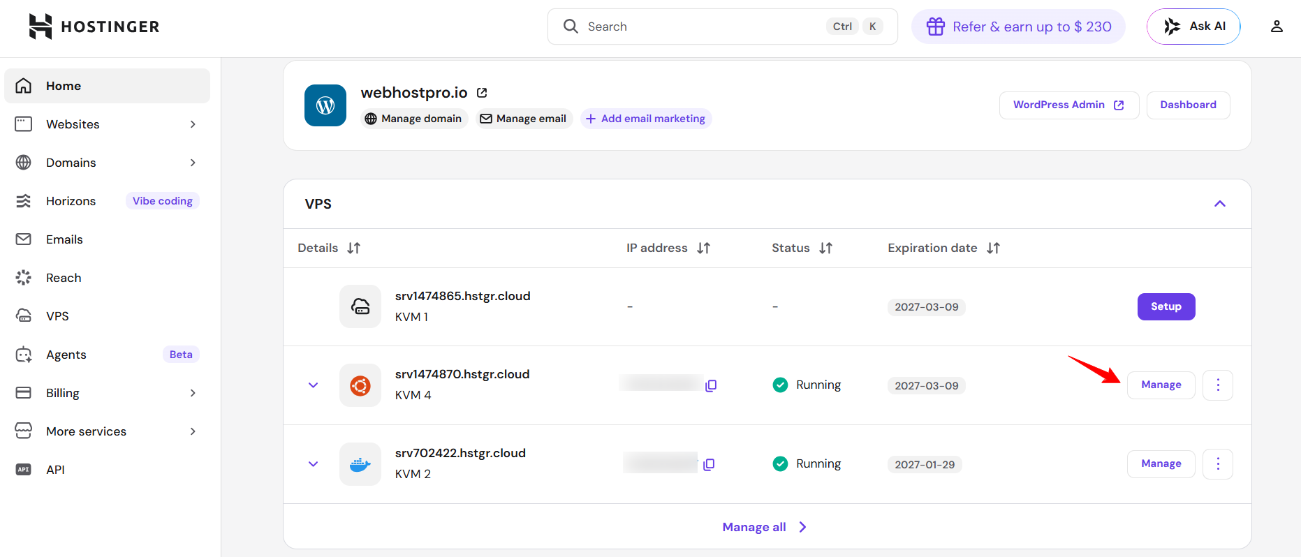 Hostinger VPS overview page with operating system and server controls